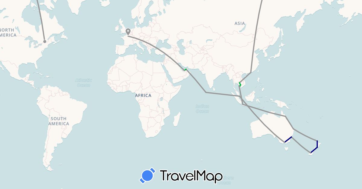 TravelMap itinerary: driving, bus, plane in United Arab Emirates, Australia, Canada, China, France, Indonesia, Cambodia, Maldives, New Zealand, Singapore (Asia, Europe, North America, Oceania)